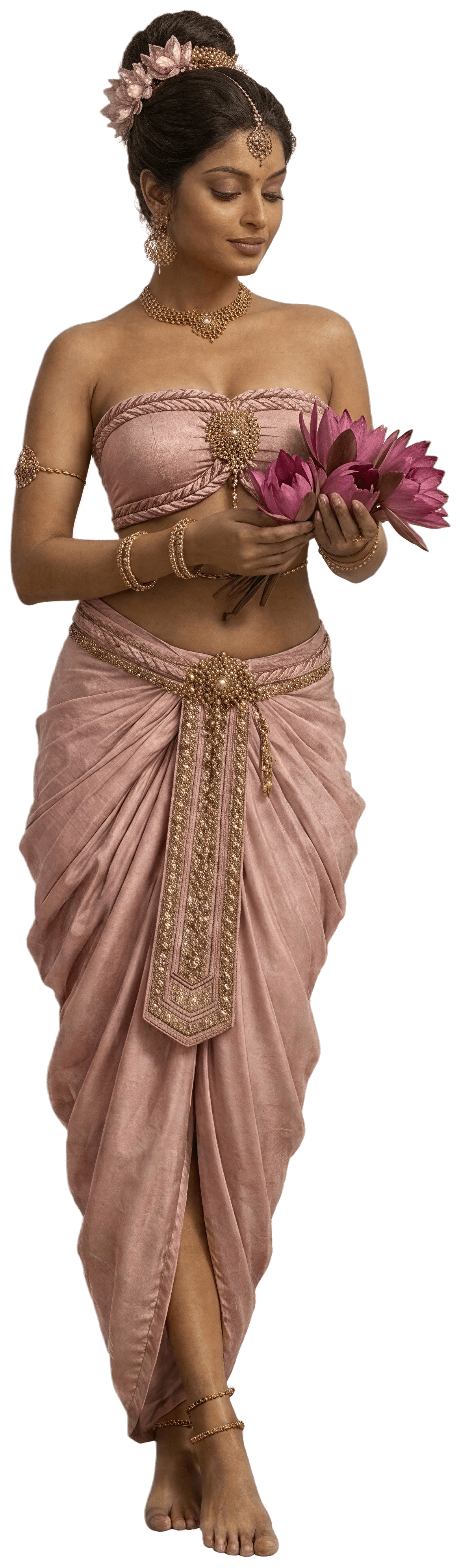 A woman in a Sigiri Apsara costume — dusty-rose braided silk corset and draped dhoti with gold embellishment, lotus blossoms in her hair — holding a bunch of pink lotus flowers
